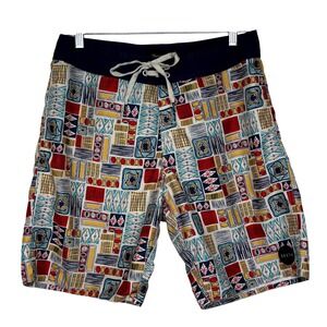Vtg 90s Brixton Boardshorts Mens Geometric Tile Print Retro Surfwear Size 30